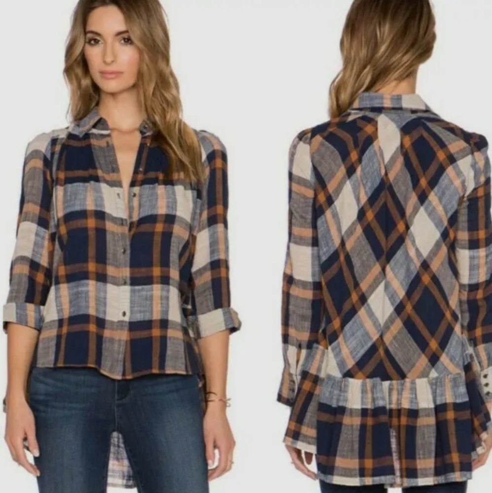 FREE PEOPLE 'PEPPY PLAID' RUFFLE BACK SHIRTBUTTON DOWN HI-LO BLOUSE SZ S